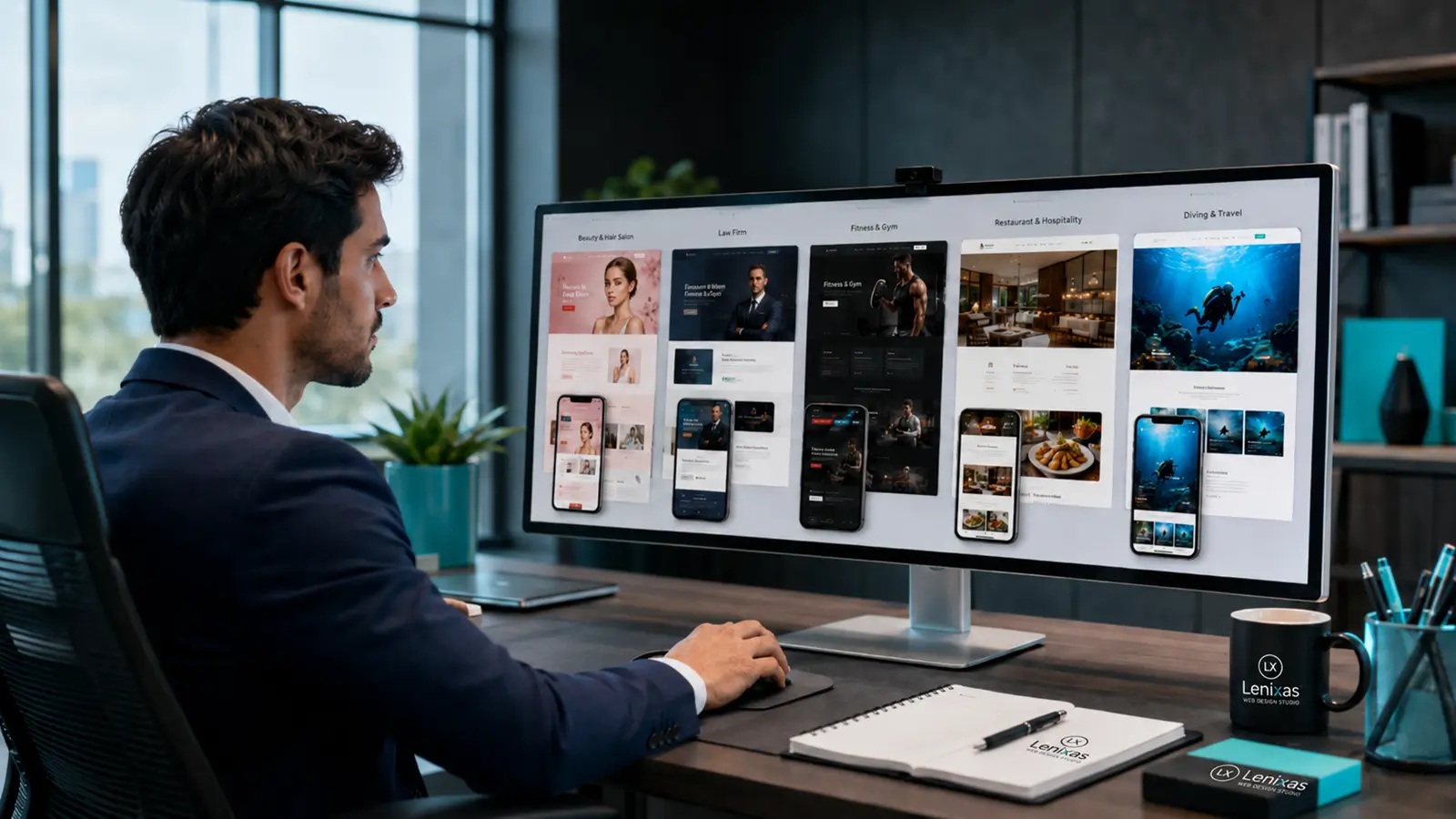 Professional comparing website projects for different industries before choosing a web design company
