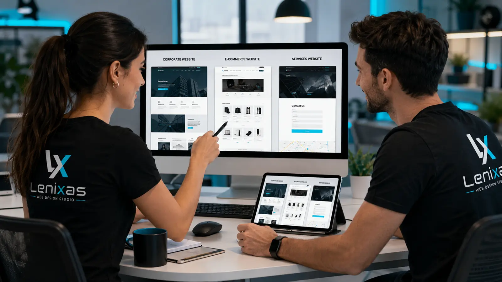 Fachleute vergleichen eine Unternehmenswebsite, einen Onlineshop und eine Dienstleistungswebsite, um die beste Lösung für ein Unternehmen auszuwählen