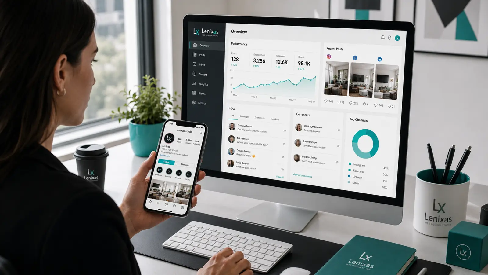 Professional managing a company’s social media from a computer and mobile phone